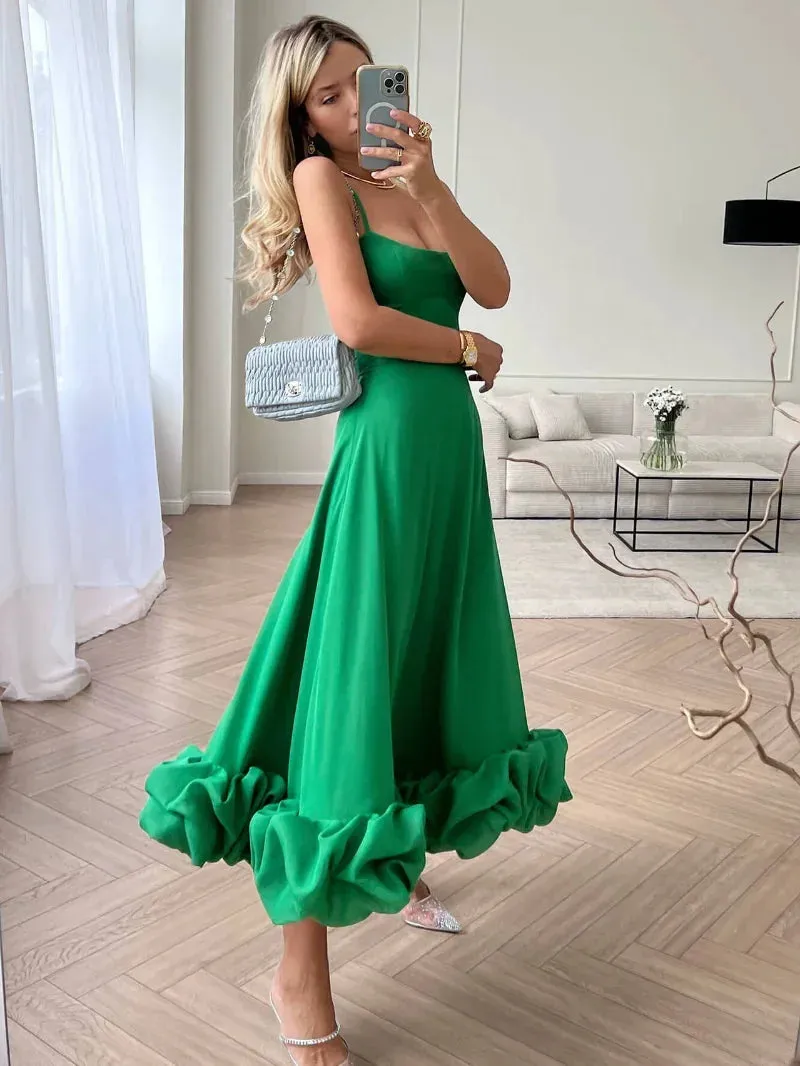 Women's Spaghetti Strap A-Line Dress Ruffles Evening Dresses Elegant Sleeveless Backless Zip-Up Green Party Prom Dress