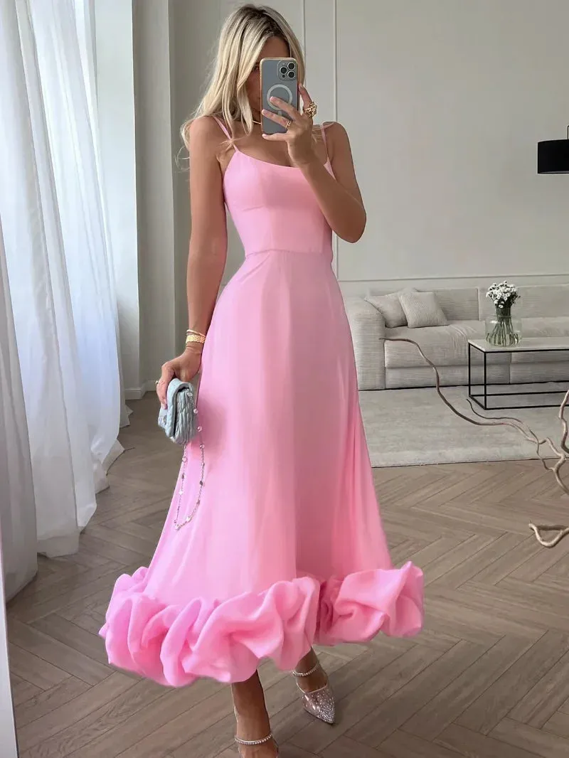 Women's Spaghetti Strap A-Line Dress Ruffles Evening Dresses Elegant Sleeveless Backless Zip-Up Green Party Prom Dress