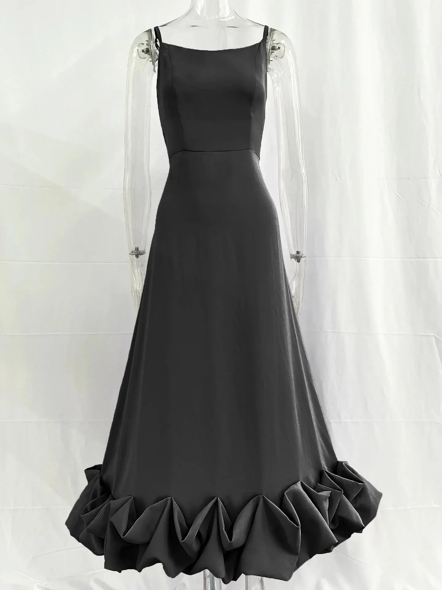 Women's Spaghetti Strap A-Line Dress Ruffles Evening Dresses Elegant Sleeveless Backless Zip-Up Green Party Prom Dress