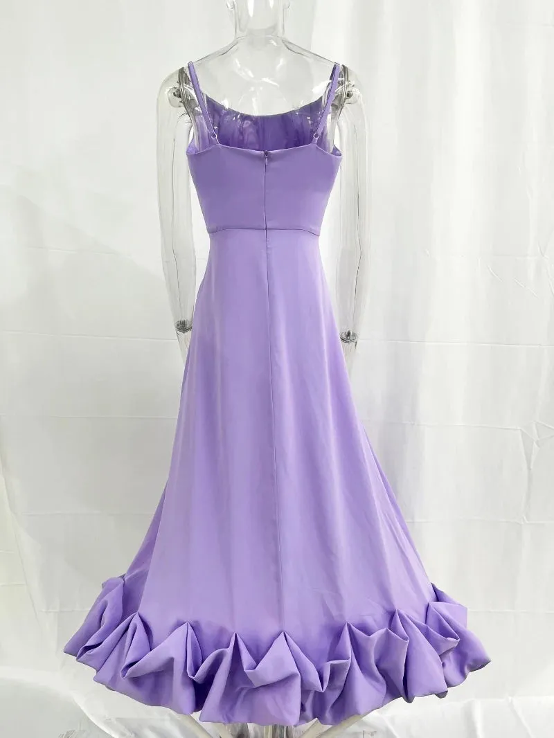Women's Spaghetti Strap A-Line Dress Ruffles Evening Dresses Elegant Sleeveless Backless Zip-Up Green Party Prom Dress