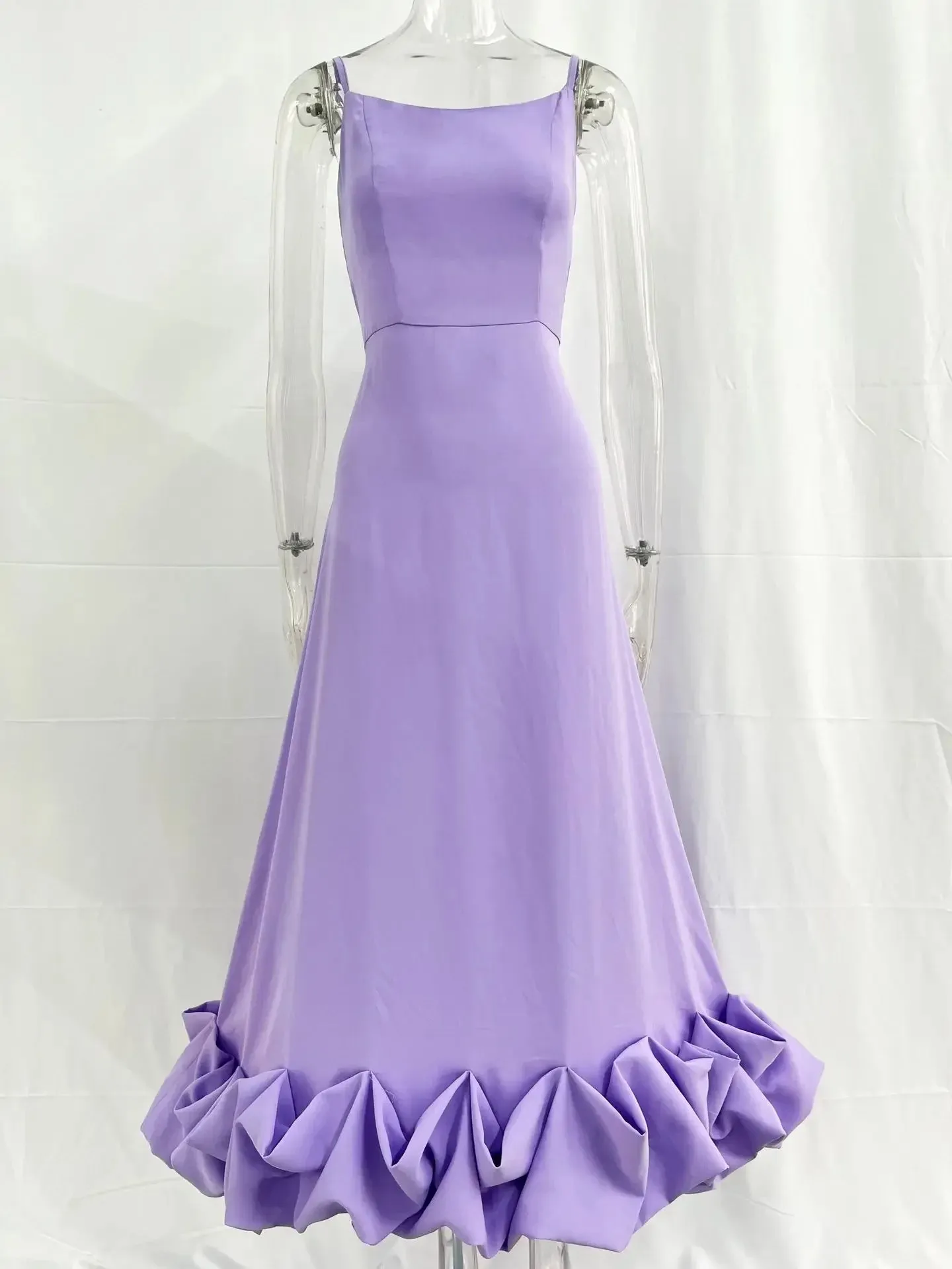 Women's Spaghetti Strap A-Line Dress Ruffles Evening Dresses Elegant Sleeveless Backless Zip-Up Green Party Prom Dress