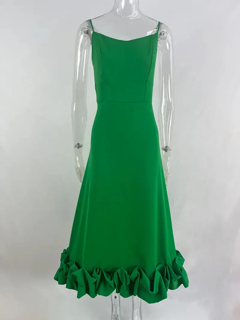 Women's Spaghetti Strap A-Line Dress Ruffles Evening Dresses Elegant Sleeveless Backless Zip-Up Green Party Prom Dress