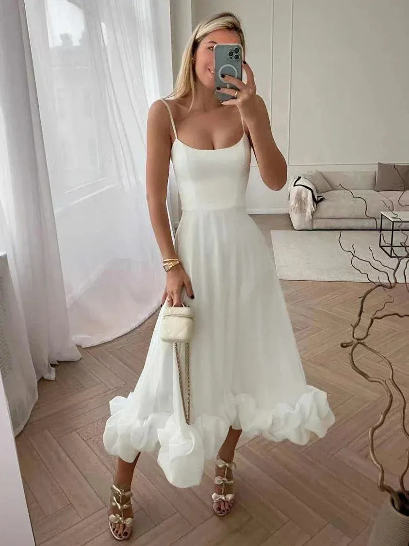 Women's Spaghetti Strap A-Line Dress Ruffles Evening Dresses Elegant Sleeveless Backless Zip-Up Green Party Prom Dress