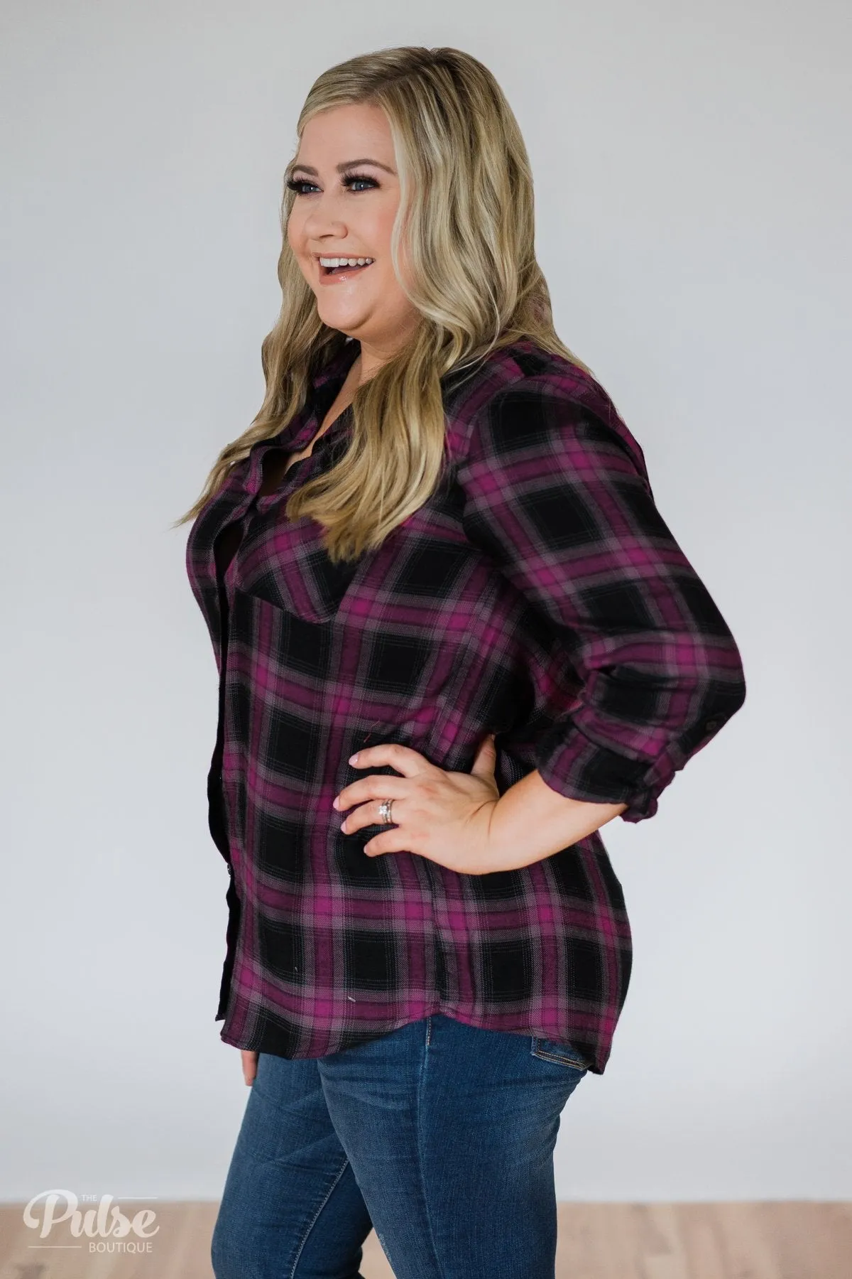 Write This Down Plaid Top- Deep Magenta & Black