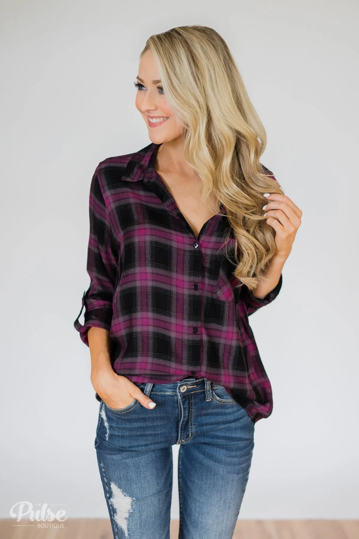 Write This Down Plaid Top- Deep Magenta & Black