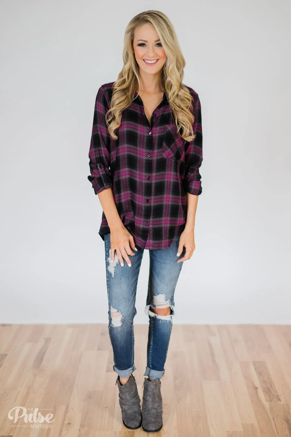 Write This Down Plaid Top- Deep Magenta & Black