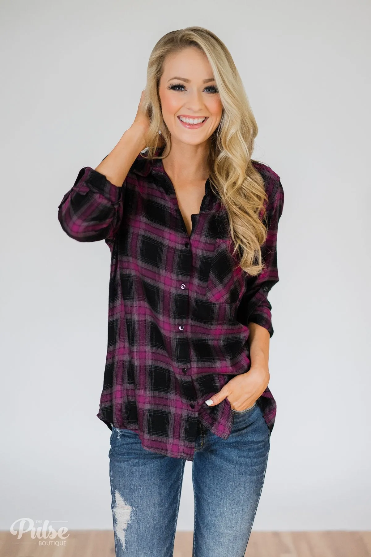 Write This Down Plaid Top- Deep Magenta & Black