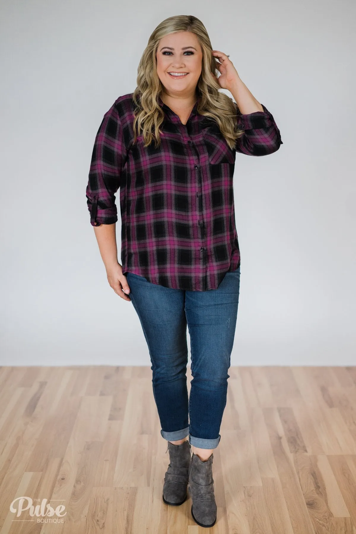 Write This Down Plaid Top- Deep Magenta & Black
