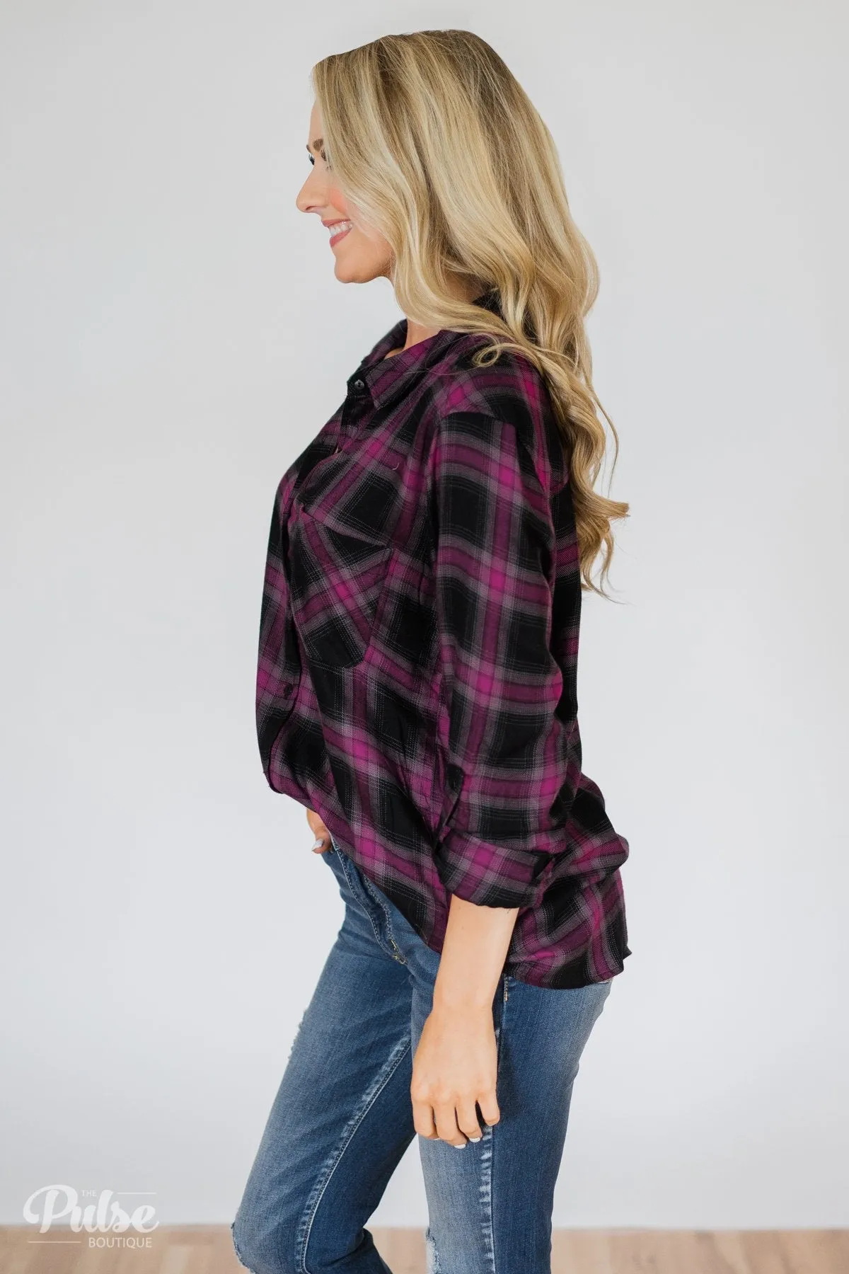 Write This Down Plaid Top- Deep Magenta & Black