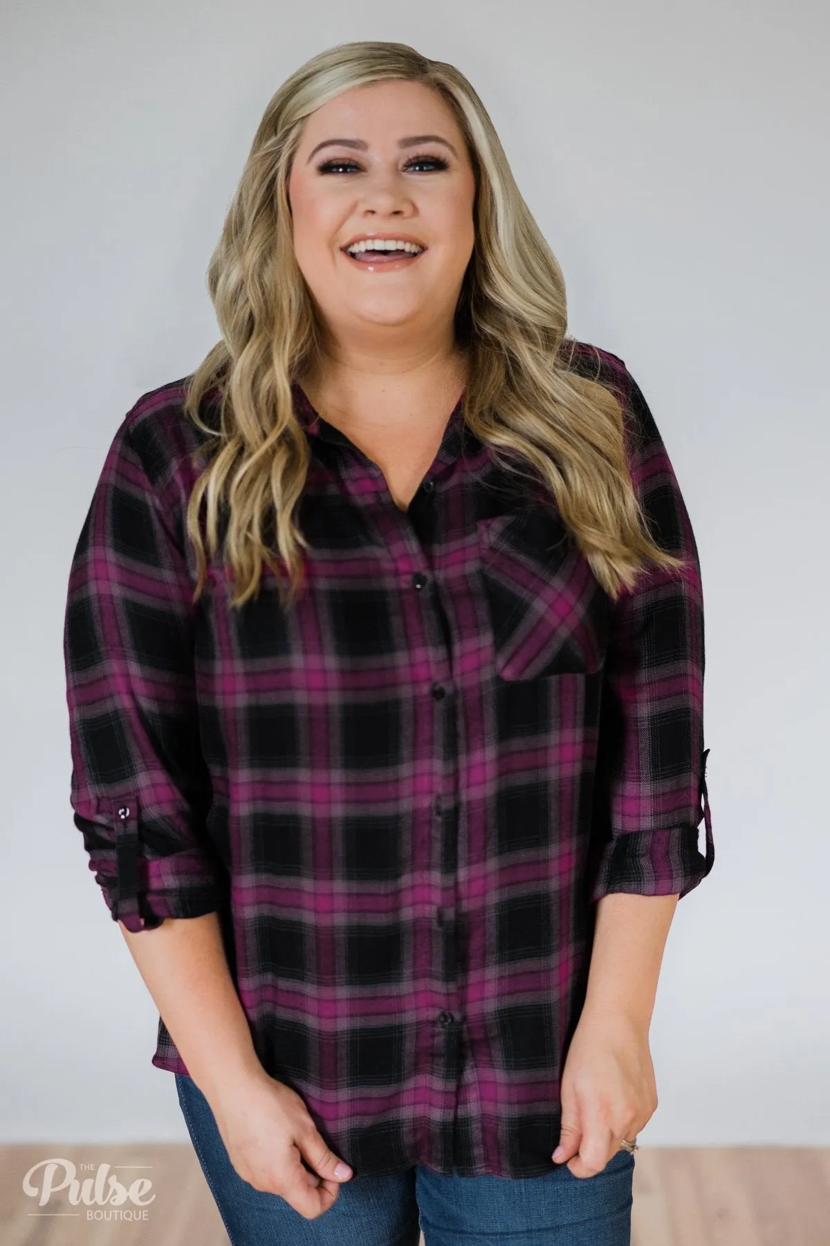 Write This Down Plaid Top- Deep Magenta & Black