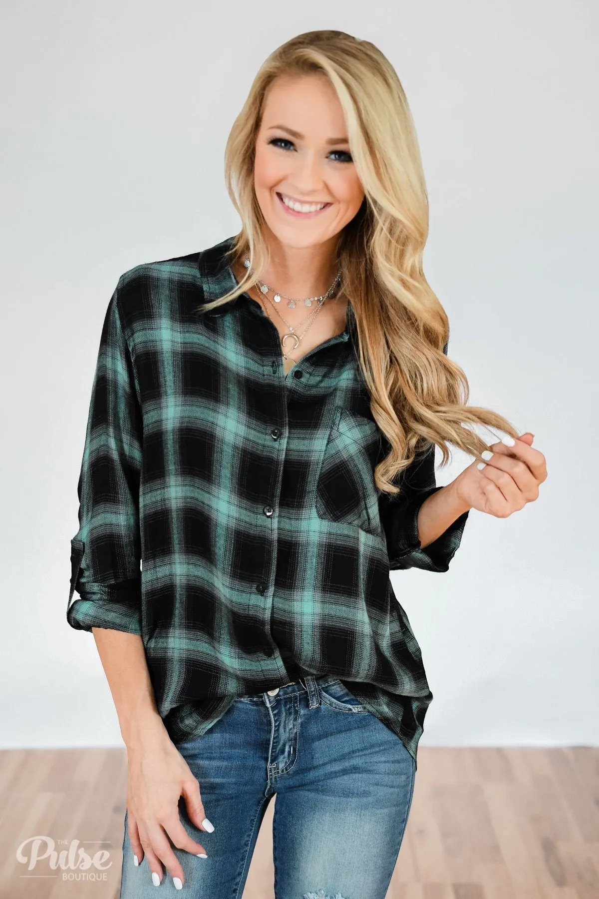 Write This Down Plaid Top- Mint & Black
