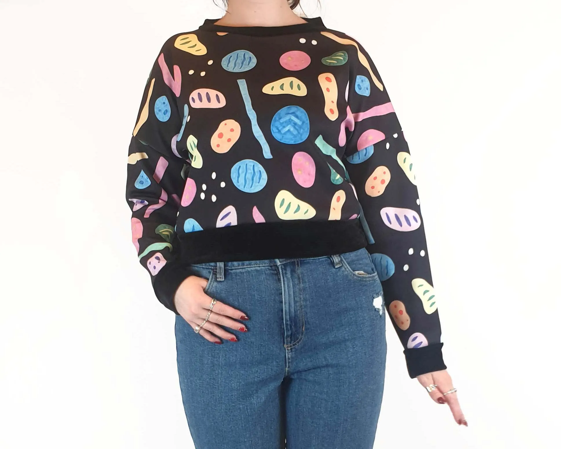 Zonkt colourful print cropped jumper size L-XL (fits 12-14)
