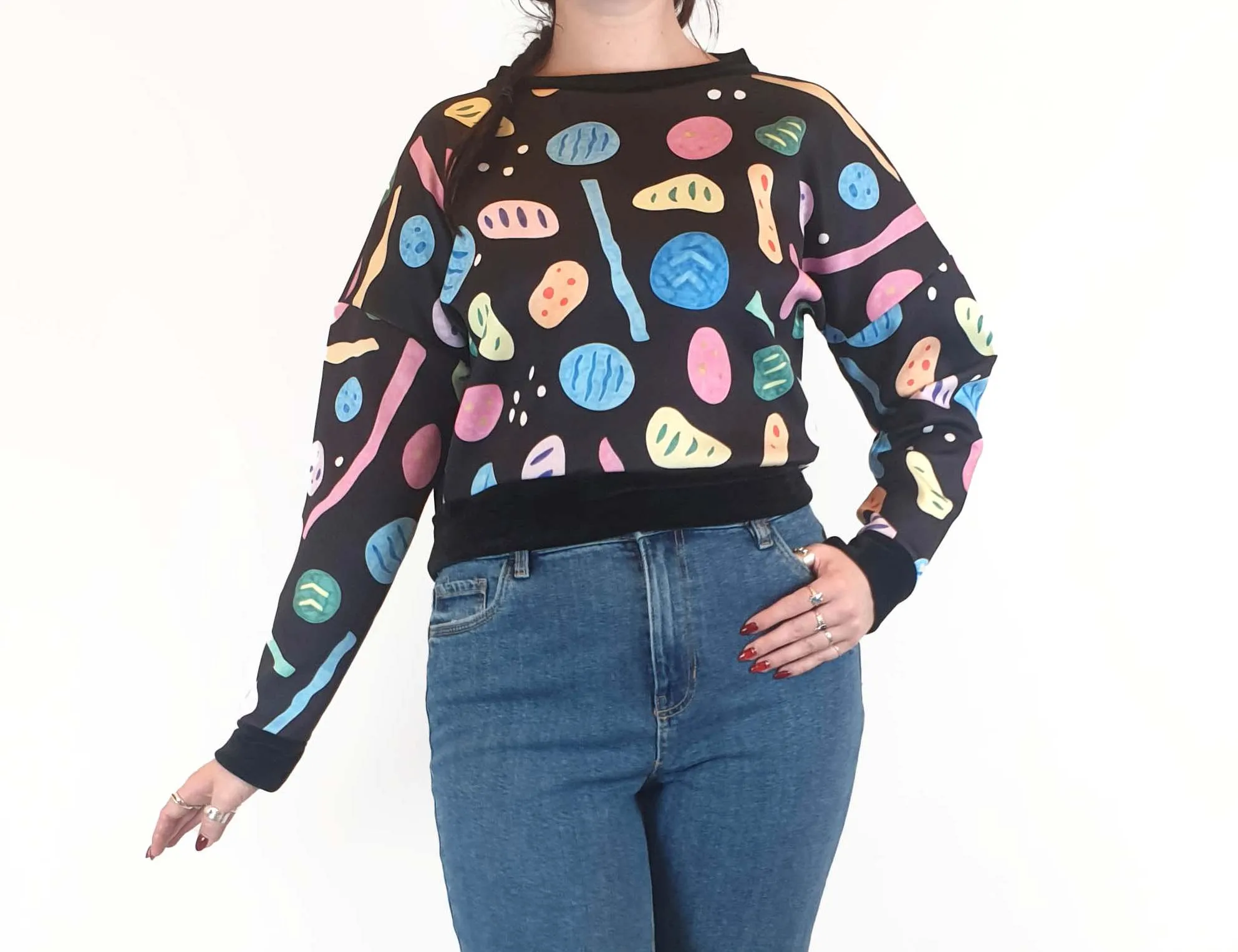 Zonkt colourful print cropped jumper size L-XL (fits 12-14)